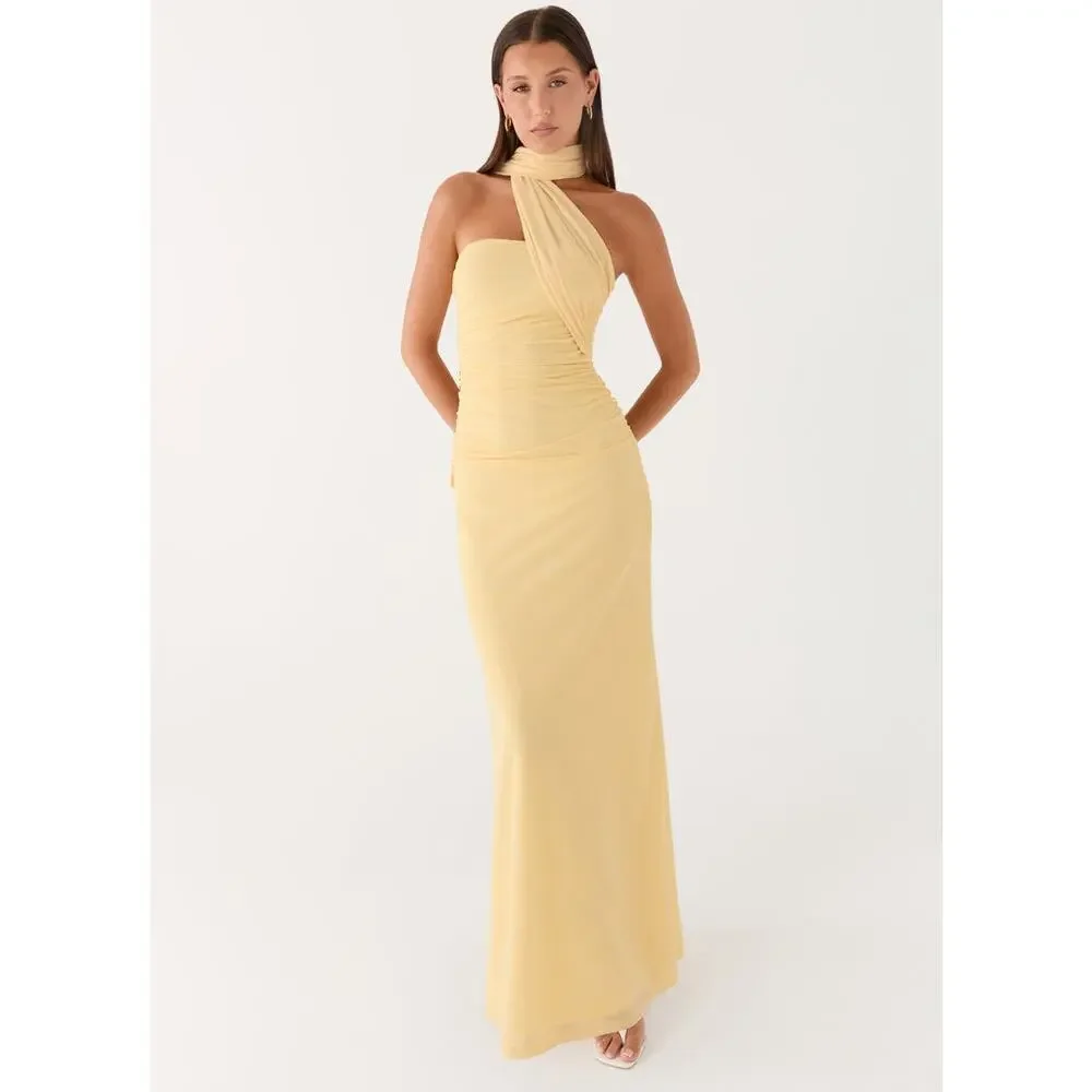 Pepper Mayo Yellow Songbird Maxi Dress Ruched Detail Summer Preppy Formal Prom - Picture 4 of 13